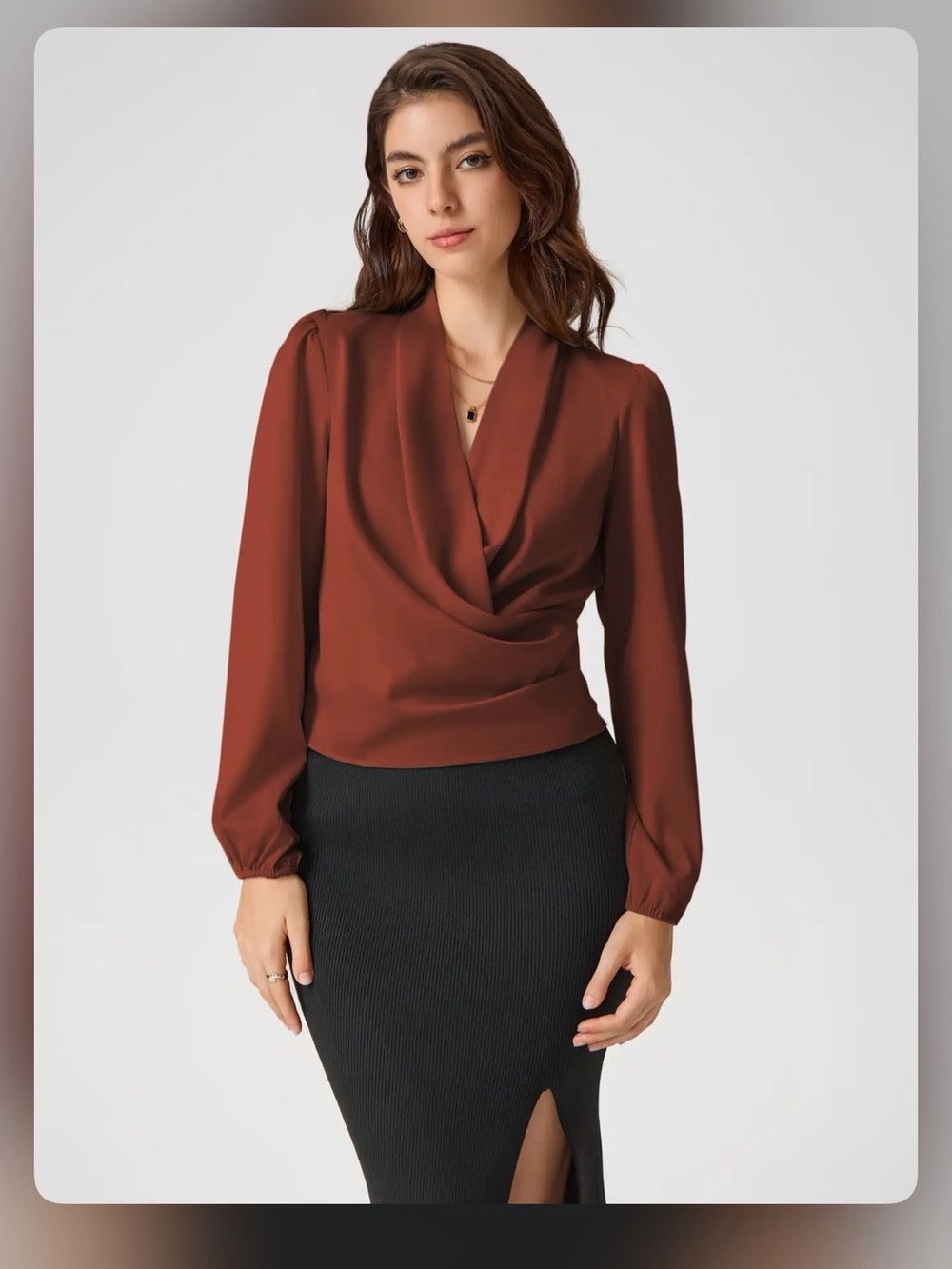 Cider SATIN V-NECK WRAP ZIP LONG SLEEVE BLOUSE L CR20-40